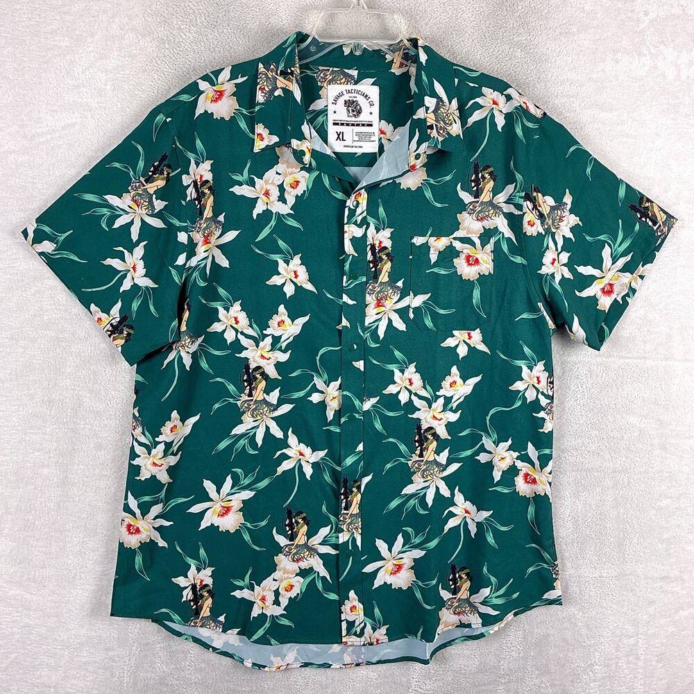 Savage Tacticians Hawaiian Shirt Mens XL Green Floral Hula Girl AR-15 AOP Aloha